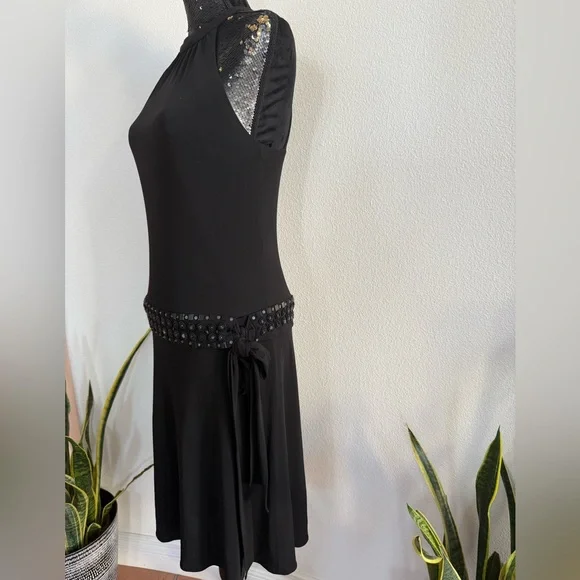 Anne Klein Black Embellished Drop-Waist Halter Midi Dress Size 6 - Picture 4 of 9